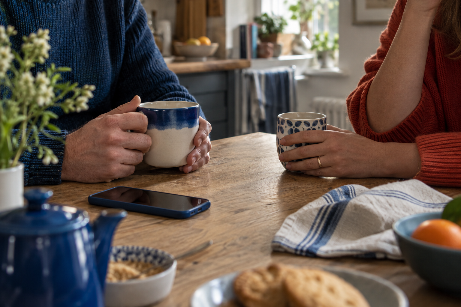 Two people sharing tea at a kitchen table, with a mobile phone nearby